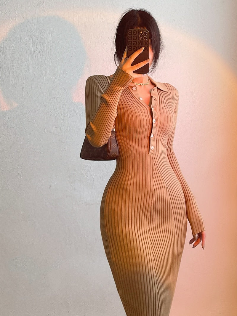 Slim Body Button Maxi Long Dress Long Sleeve Fishtail Dresses