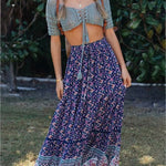 High Waist Boho Long Skirts for Women A-line Full Skirt Floral Print Drawstring Lace-Up Maxi Skirt