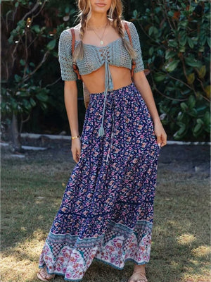 High Waist Boho Long Skirts for Women A-line Full Skirt Floral Print Drawstring Lace-Up Maxi Skirt