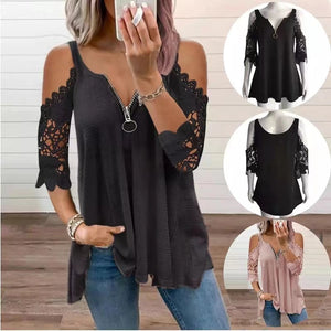 Women's Oversized T-Shirt Cutout Black Lace 3/4 Sleeves Casual V-Neck Tops