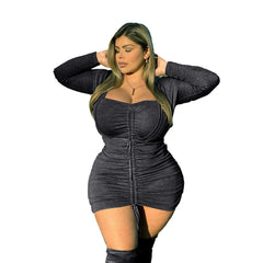 Plus Size Women's V-Neck Bodycon Dress Long Sleeve Sexy Above Knee Mini Dress