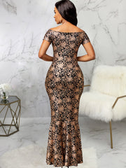Sexy Floral Print Dress Off Shoulder Slit Mermaid Maxi Evening Party Dress