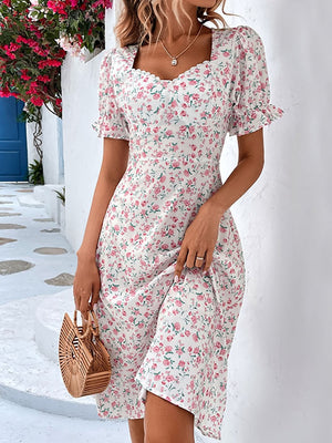 Women's Summer Floral Print Midi Dress Women V Neck Puff Sleeve Dress