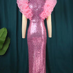 Pink Sequin Dress Puff Ruffle Sleeve Bodycon Sparkly Evening Dress