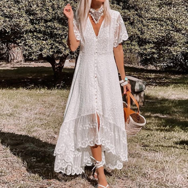 Boho White Lace Dress, Bohemian Floral Lace Rustic Maxi Wedding Dress