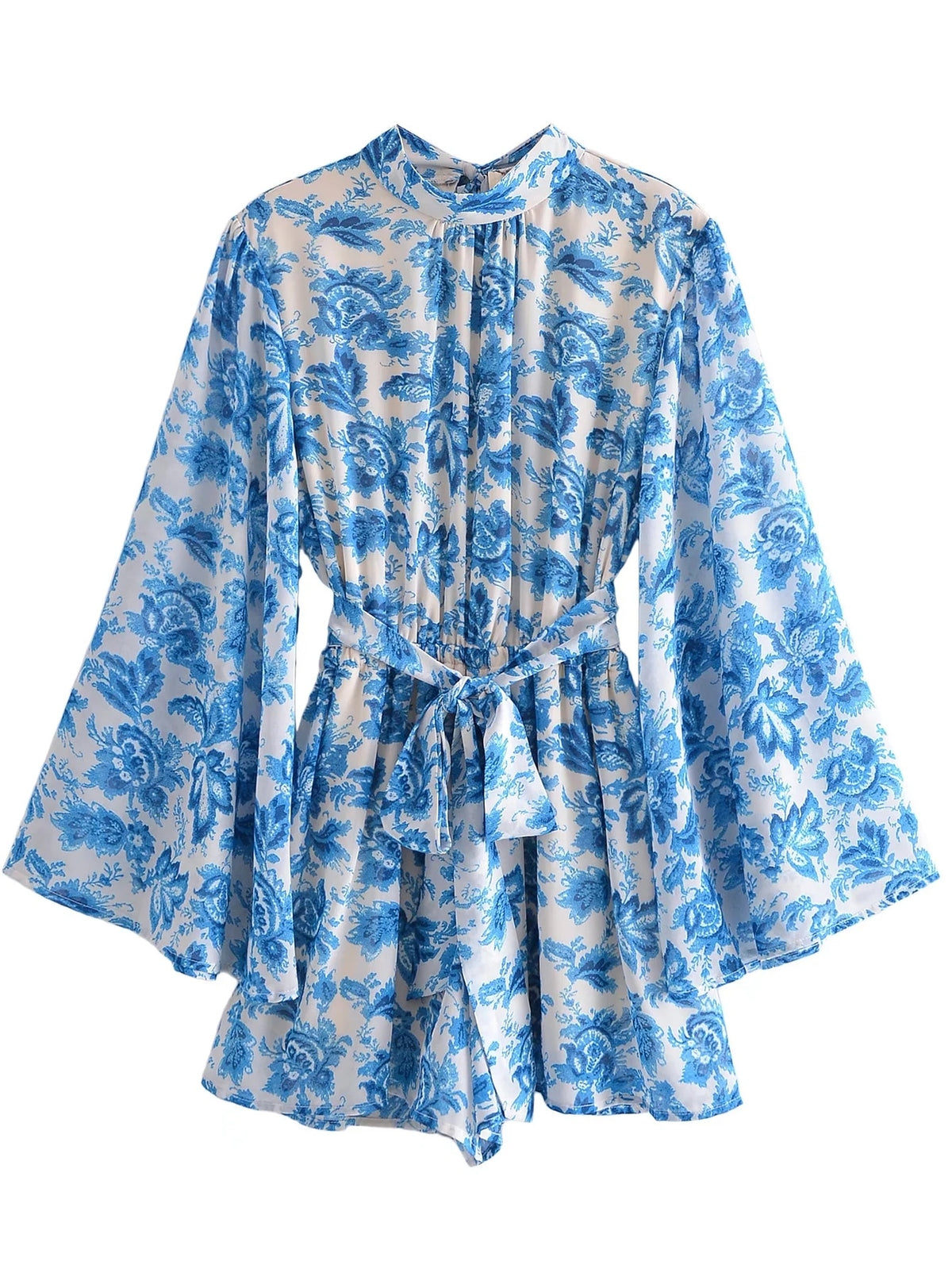 Peacock Floral Print Beach Bohemian Long Sleeve Jumpsuit Backless Dress