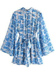 Peacock Floral Print Beach Bohemian Long Sleeve Jumpsuit Backless Dress