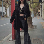 Flared Black Velvet Pants Bell Bottom Pants, Unique Lace Detail, Goth Punk Grunge