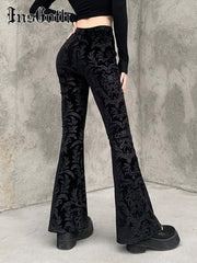 Women's Retro Floral Print Black Pants Gothic High Waist Flare Bootcut Trousers Streetwear Autumn Winter Pants