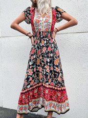 Vintage Floral Print Summer Dress V-Neck Slit Midi Boho Dresses