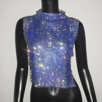 Sexy Rhinestone Crop Top Glitter Turtleneck Sparkly Shirt