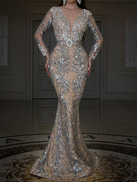 V-Neck Sequin Lace Mermaid Dress Women Elegant Wedding Guest Prom Evening Fashion Dress