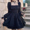 Long Puff Sleeve Lolita Black Dress Goth Aesthetic High Waist Vintage Bandage Lace Party Dress