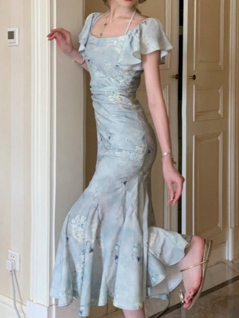 Lace-Up Mermaid Maxi Dress Women Elegant Short Sleeve Slim Party Evening Fashion Dress