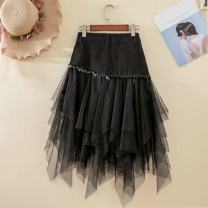 Womens UNIQUE Irregular Tulle & Denim Skirt in Light Colors - Mid length High Waist Skirt