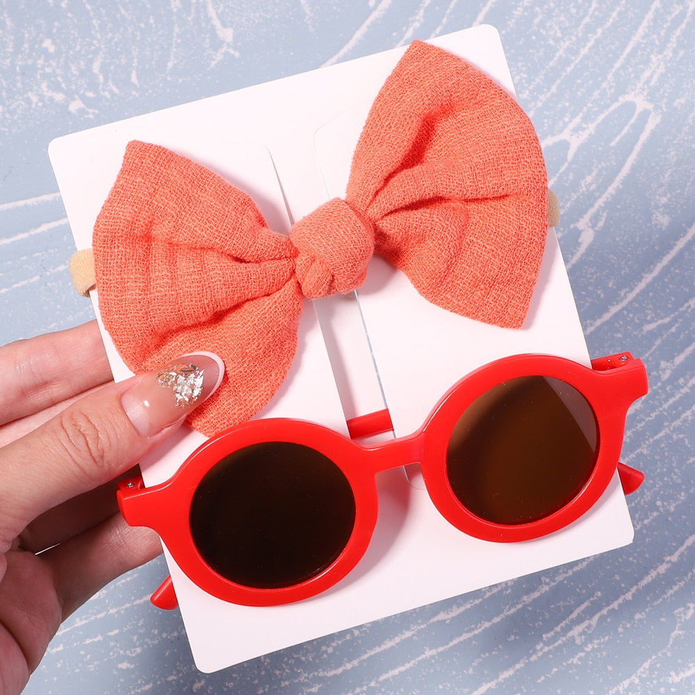 2 Piece/Pack Vintage Kids Round And Flower Shaped Sunglasses Plus Bow Headband For Children