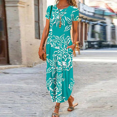 Women's Plus Size (S-3XL) Floral Print Short Sleeve Summer Dress Round Neck w/ Pockets Long Boho Dress