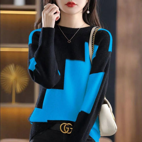 Knit Pullover Sweater Women O-Neck Spliced Color Block Korean Style Casual Fashion Top