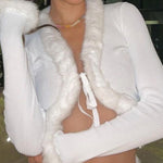 Y2K Knitted Sweater with Fur Single-Breasted Fur Collar Warm Cardigan Fluffy Fur