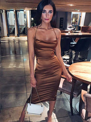 Satin Lace Up Bodycon Dress Spaghetti Strap Backless Sleeveless Midi dress