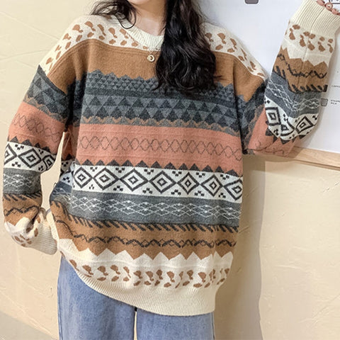 Retro Academia Knit Pullover Sweater Women Loose Korean Style Vintage Casual Winter Fashion