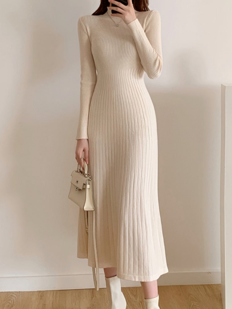 Women Knitted Half High Collar Slim Long Sleeve Party Midi Dress