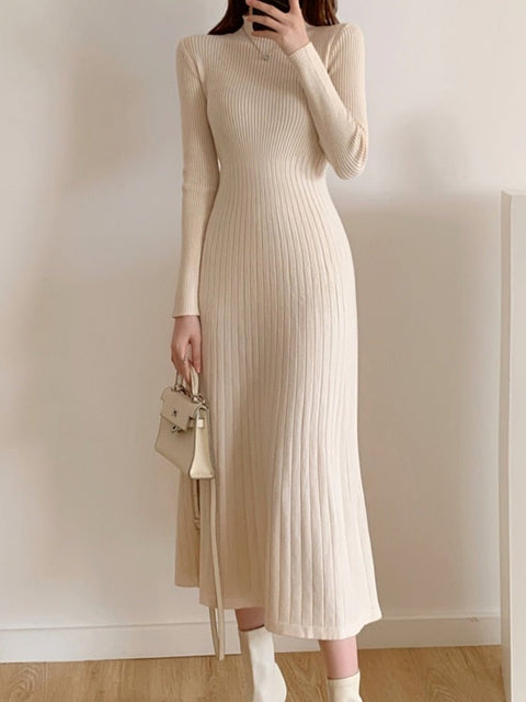 Long Sleeve Knitted Midi Dress Women Half High Collar Slim Elegant Party Fashion Dress