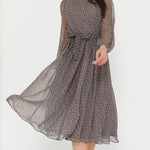 Elegant Polka Dot Print Long Sleeve Chiffon Midi Dress