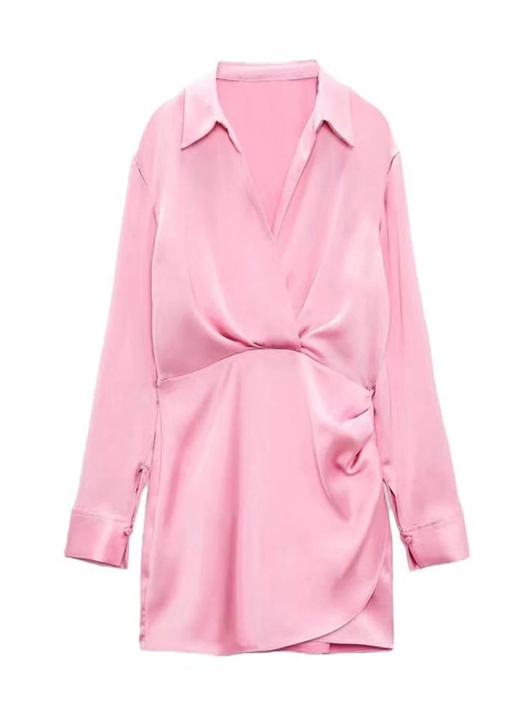 Satin Mini Dress Vintage V Neck Long Sleeve Summer Party Club Dress