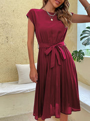 Women's Summer Casual Beach Sundress Short Sleeve Pleated Midi Dress