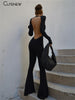 Sexy Backless Bodycon Flare Leg Jumpsuit Casual Slim Long Sleeve O-Neck Playsuit