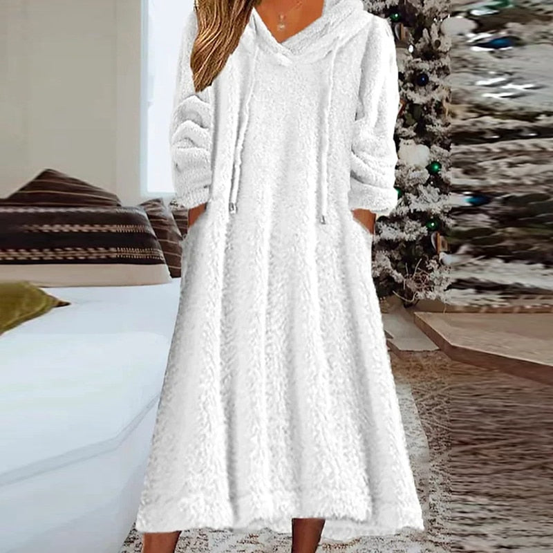 Warm Hooded Sweatshirt Loose Dress for Women Fleece Long Sleeve Pullover A-Line Dress