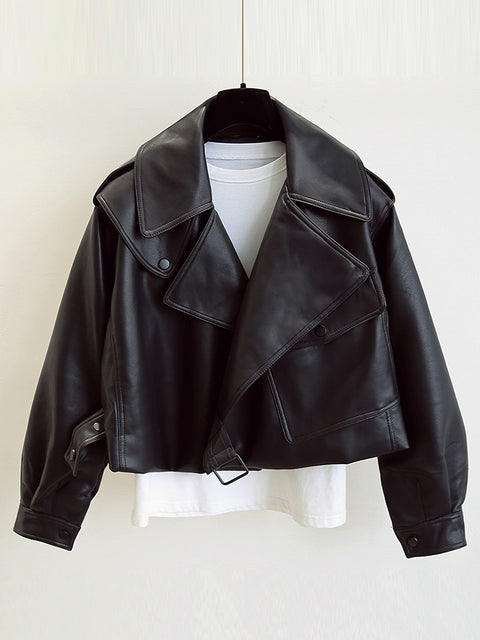 Faux Leather Biker Jacket Women Turndown Collar Loose Casual Streetwear Outerwear Fashion