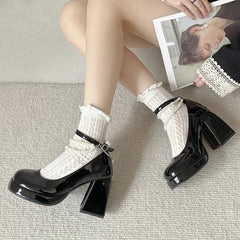 Vintage Chunky High Heel Platform Shoes for Women Pearl Chain and Ankle Straps