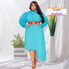 Plus Size Women's Chiffon Long Sleeve Dress Elegant Loose Irregular Hem Long Dress