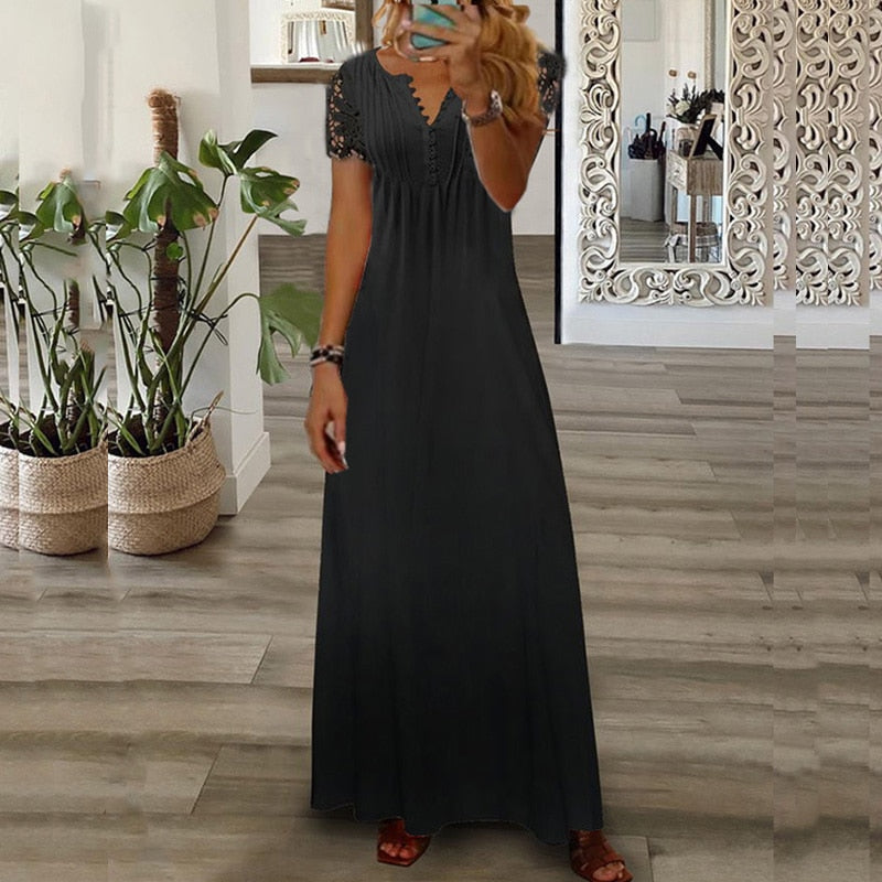 Women's Summer Short Sleeve V Neck Dress Casual Floral Print Loose Lace Patchwork Beach Dress
