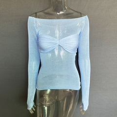 Women's See-Through Mesh Crop Top Off Shoulder Short Knit Cropped Top