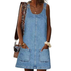 Faux Denim Dress Round Neck Sleeveless With Pockets Loose Overall Dress Plus Sizes 