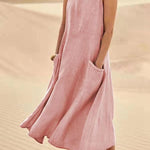 Sleeveless Loose Summer Dress Streetwear Solid V Neck Cotton & Linen Midi Dress Plus Sizes