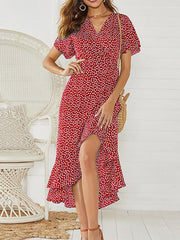Summer Boho Maxi Dress Long Floral Print Chiffon Ruffled Hem Dress