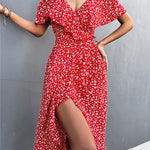 Elegant Floral Print Midi Dress for Women Summer Sexy Backless Ruffle with Slit Off Shoulder Irregular Hem Dress