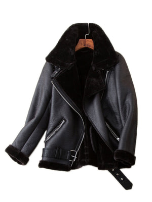 Women's Faux Leather Jacket Sheepskin For Collar and Sleeve