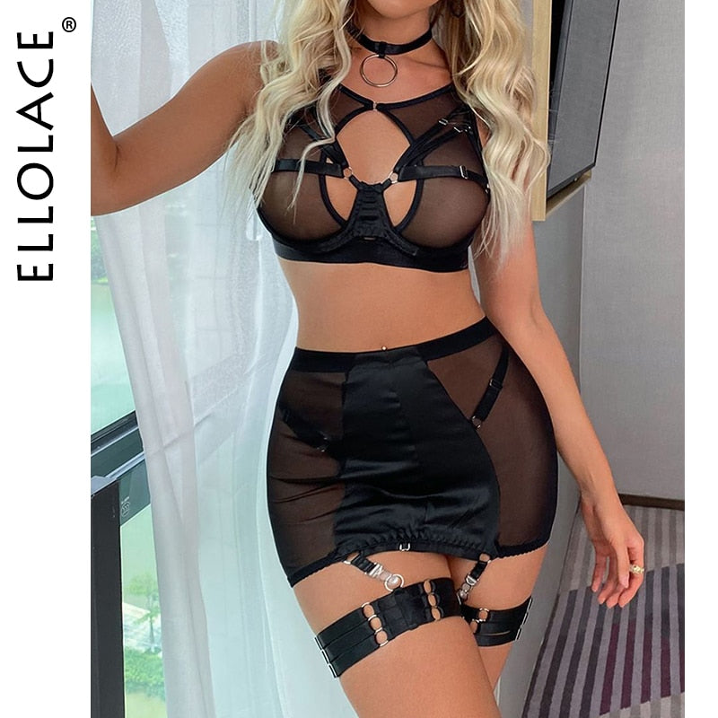 Transparent Bra & Garter Skirt Lingerie 5 Piece Set