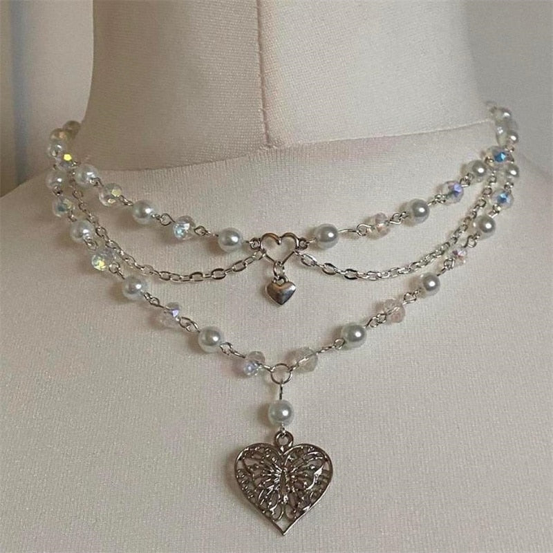 Pearls Butterfly Heart Choker Necklace