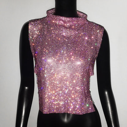 Sexy Rhinestone Crop Top Glitter Turtleneck Sparkly Shirt