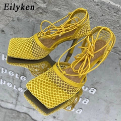 Square Toe Mesh Pumps Sandals High Heel Lace Up Cross-Tie Stiletto Shoes