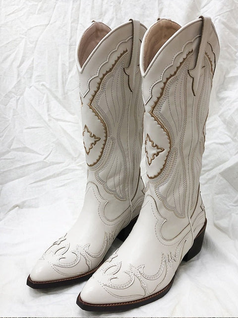 Cowboy Boots Women White Western Chunky Heel Pointed Toe Casual Chic Fashion Shoes