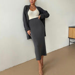 Soft Vintage Lace Up Women Suits Midi Dress Knitted Suit