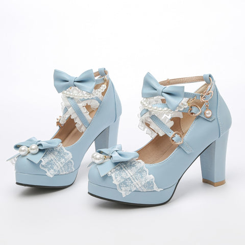 Pearl Bow Cross Strap High Heel Shoes Women Japanese Lace Chunky Casual Fashion