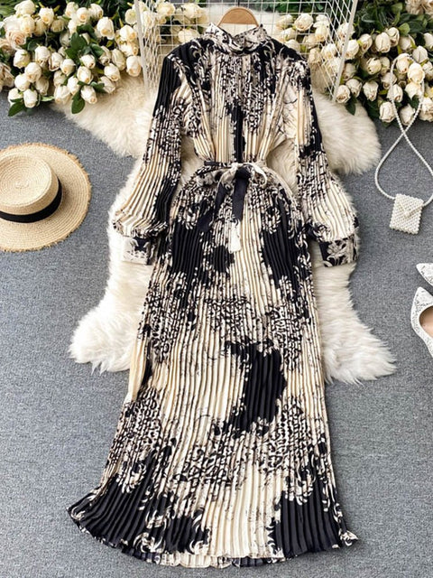 Stand-Up Collar Pleated Maxi Dress Women Retro Printed Long Casual Elegant Fashion Dress
